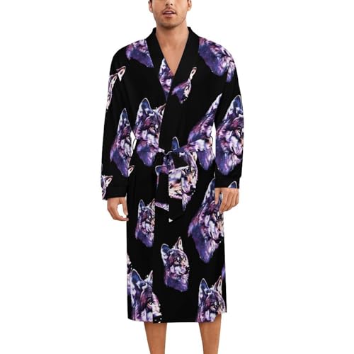 Wolf Head Soft Robe Long Sleeve Bathrobes V Neck Sleepwear Spa Robes with Belt Men Woman