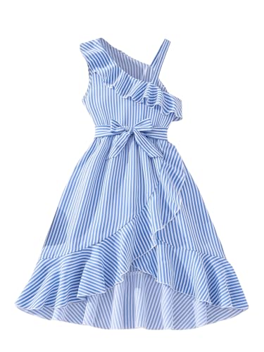 SweatyRocks Girl's Striped Warp Ruffle Trim Belted High Waist Asymmetrical Neck Flared Midi Dress