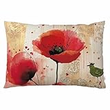EKOBLA Throw Pillow Cover Red Poppy Floral Flower Paint Hand Drawn Brush Effect Design Art Print Digital Decor Lumbar Pillow Case Cushion for Sofa Couch Bed Standard Queen Size 20x30 Inch