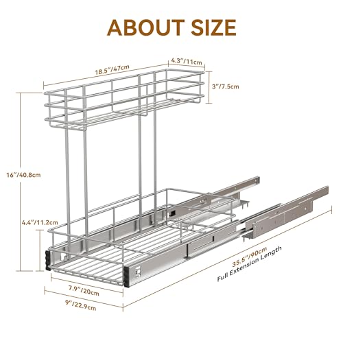 Image of Under Sink Organizer 9 inch W X19 D, Pull Out Cabinet Organizer 2 Tier | Chrome Plated, Full Slide Out, Under Kitchen Bathroom Sink Organizer, Pantry Cabinet Closet Organization Rack, 1 Pack