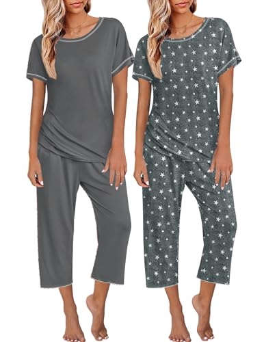 Image of Ekouaer 2 Pack Womens Pajamas Sets Short Sleeve Tops and Capri Pants Pjs