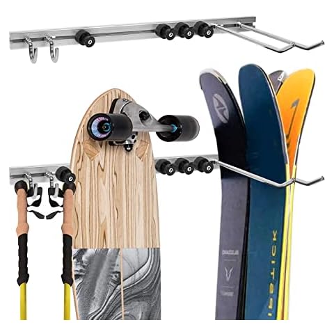 Aluminum Multi Ski Storage Skateboard Wall Mount Rack for Garage Wall L Hooks Ski Rack Wall Mount for Skateboard Skis Adjustable Width Display Rack 25.6 Inch - B Style Cover