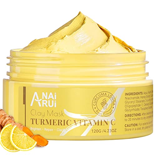 ANAI RUI Turmeric Vitamin C Clay Mask for Dark Spots, Vitamin C Clay Facial Mask for Blackheads, Pores, Wrinkles, Fine Lines, Hydrating, Clarifying, Cleansing, 4.23 OZ