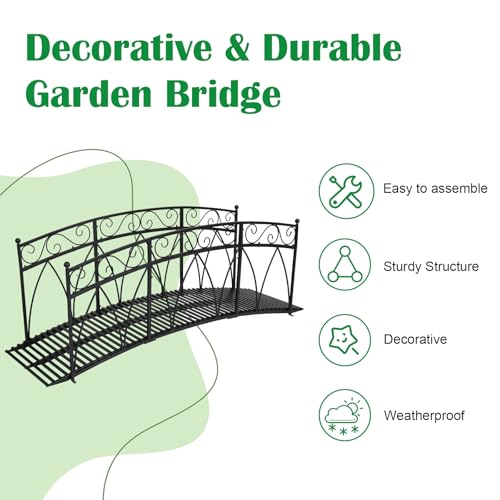kinbor Garden Bridge – 8 FT Metal Arched Bridges with Safety Patterned Side Rails, Pond Bridge for Backyard, Creek, Lawn, Farm, Steel Decorative Footbridge Garden Bridges for Outdoors