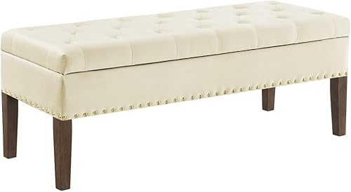 Miniatura 4 de 24KF Banco de almacenamiento tapizado de terciopelo con botones copetudos y clavos tachonados para sala de estar 5076-crema