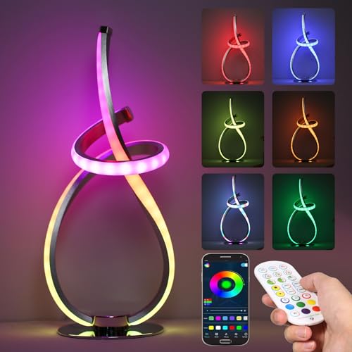 Neoglint Modern Spiral RGB Table Lamp Color Changing Night Light Music Sync Ambient LED Nightstand Lamp Dimmable Bedroom Lamp Unique Lamps for Home Decor Living Room Bedroom Office