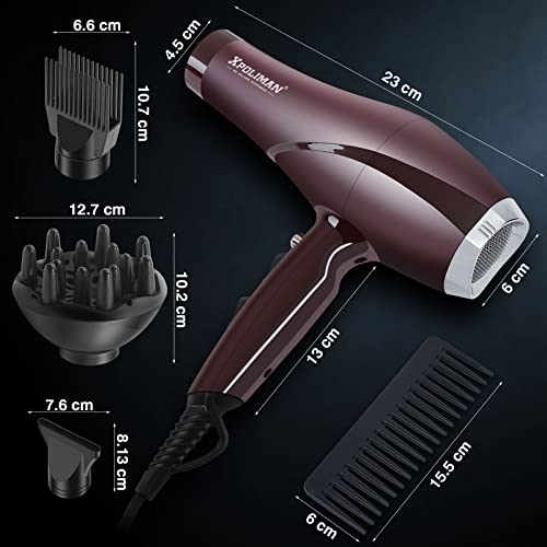 2000 Watt Hair Dryers, Xpoliman Professional Salon Hair Dryer With Ac Motor, Negative Ionic Blow Dryer With Diffuser Concentrator Comb, 2 Speed 3 Heat Settings,Low Noise Long Life Style-Brown/Purple #TOP3