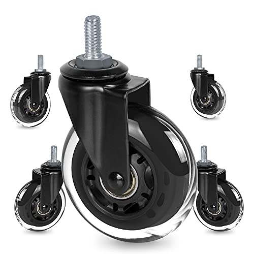 Upgraded Office Chair Caster Wheels 3'' by 8T8, Set of 5, Rubber Chair Casters with Threaded Stem 5/16''-18X1
