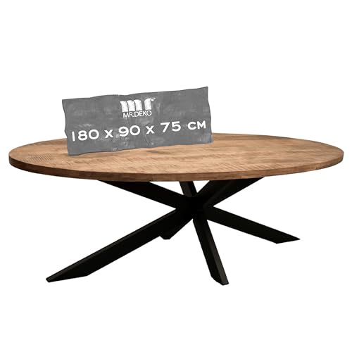 MR. DEKO® Tisch Avola Mango Cross Gestell oval 180x90 cm | Esstisch aus Mangoholz für 4 Personen | Design Holztisch | Runder Esstisch mit stabilen Metallbeinen | Indoor