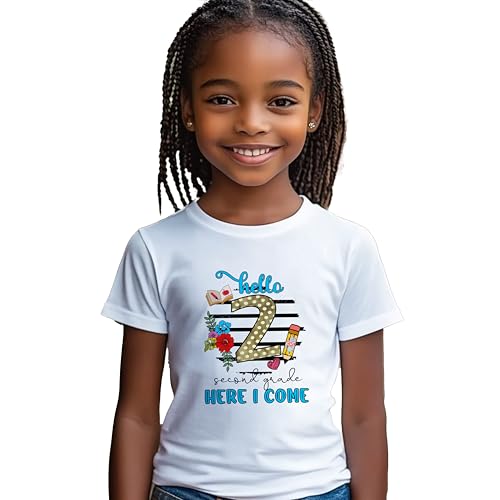 Hello Second Grade Here I Come #1 Kids Shirts, YS - YXL, Girls, Flowers, Great for The First Day of School Or Everyday