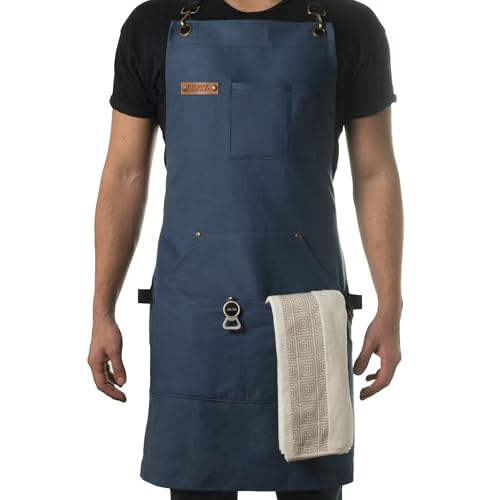 Asaya Chef, BBQ and Work Apron with Bottle Opener and Hand Towel -Durable 10oz Cotton Canvas,Brass Hardware, and Cross Back Straps-Perfect for Men and Women,Grilling, Cooking or in the Workshop(Blue)