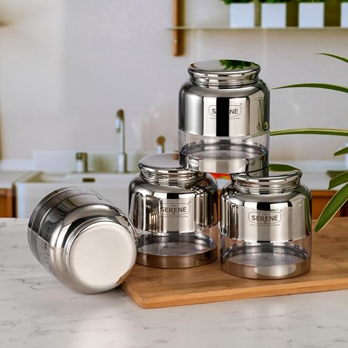 Image of Serene Stainless Steel Exotic See-Through Jar | Airtight Jars for Kitchen Storage | Premium Steel Jars with One Turn Lock Lid | Transparent Stainless Steel Containers | 1000ML | 4 PC