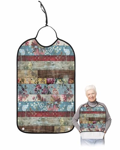 Farmhouse Flower Adult Bib for Adults Men, Women, Rustic Fall Flower Floral Wooden Washable & Adjustable Terry Cloth Bib with Crumb Catcher Reusable Waterproof Clothing Clothes Protector Apron