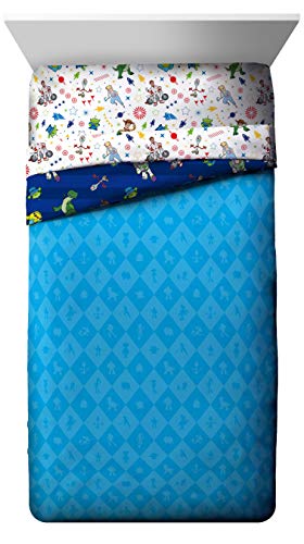Image of Disney Toy Story Buzz Woody Twin Comforter Set 4 Piece Kids Bedding, Blue | Jessie Rex, Bed in a Bag, Comforter Sheets Pillowcase, Official Product, Soft Microfiber, Machine Washable, Kids Gift