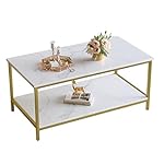 SAYGOER Modern 2-Tier Coffee Table for Living Room White Gold Coffee Tables Industrial Rectangle Wood Table for Large or Small Spaces Home Office Apartment, White Gold