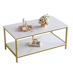 SAYGOER Modern 2-Tier Coffee Table for Living Room White Gold Coffee Tables Industrial Rectangle Wood Table for Large or Small Spaces Home Office Apartment, White Gold