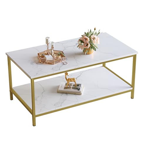 SAYGOER Modern 2-Tier Coffee Table for Living Room White Gold Coffee Tables Industrial Rectangle Wood Table for Large or Small Spaces Home Office Apartment, White Gold