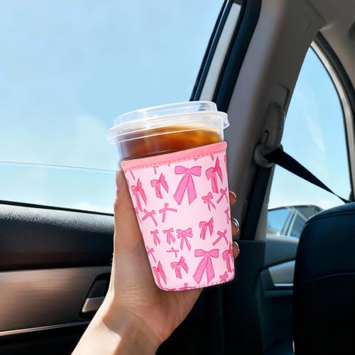 Image of Reusable Insulated Sleeve for Iced Coffee Cup, Coffee Neoprene Sleeve for Cold & Hot Drinks, Beverage Holder for Iced Coffee (Pink Bows, Large: 32oz)