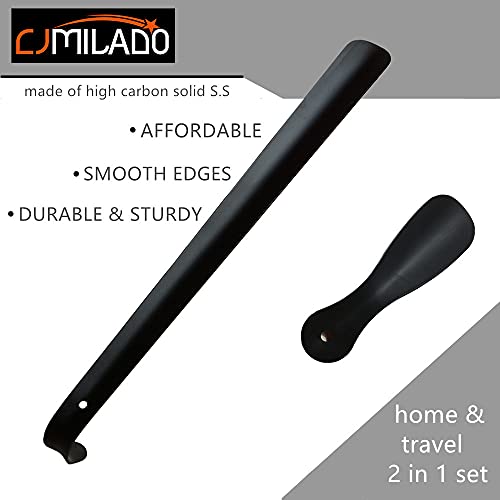 Cjmilado Metal Shoe Horn Long Handled - Stainless Steel Shoe Spoon 16.5’’ And Travel Short Shoe Horn 7.4’’ Set Of 2 High Carbon Black（2 Pack） #TOP1