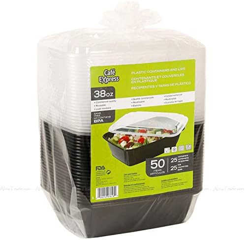 Cafe Express 38oz Black Plastic Salad Food Reusable Containers + Lids Pack of 50