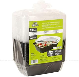 Cafe Express 38oz Black Plastic Salad Food Reusable Containers + Lids Pack of 50