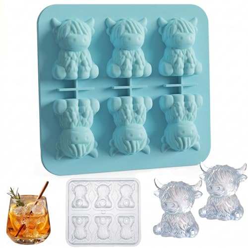 Highland Cow Eiswürfelform Hochlandrind 3D Silikon Mini Eiswürfelform mit Deckel für Getränke Partys Geburtstage und als Geschenk (Blau)