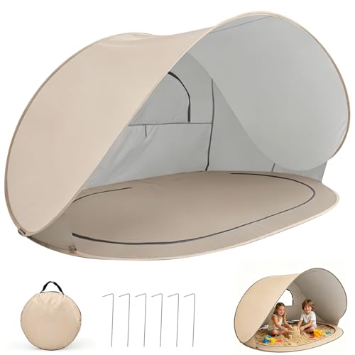 Verbessertes Strandmuschel Pop Up Tragbar Strandzelt Für 3-4 Personen abnehmbarem Boden Strandmuschel UV Schutz 50 Winddicht strandzelt Für Sonnenschutz Strand Garten (Beige)