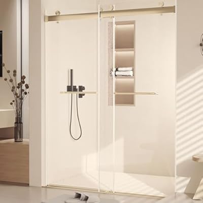 Volkmi Semi Frameless Glass Shower Door 60''x76'', Double Sliding Shower Door, 3/8'' (10mm) Clear Tempered Glass Shower Door with Double Stainless Steel Handles for Bathroom, Black Square Tube