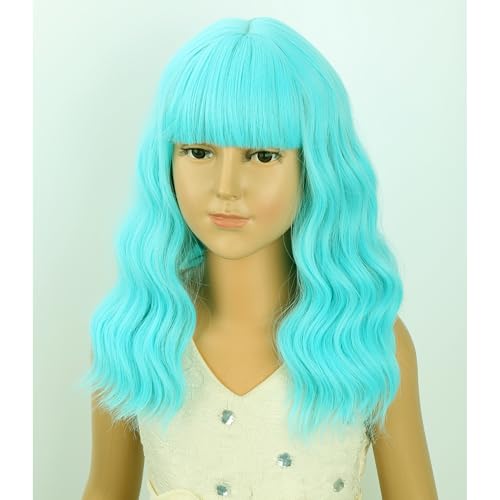 Image of Kids Light Blue Wig Girls Short Blue Wavy Curly Wigs Child Wig with Air Bangs Synthetic Cosplay Hair Wigs
