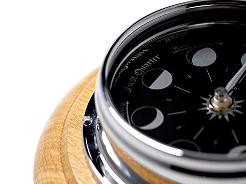 Tabic Prestige Chrome Moon Phase Clock Mounted On An English Oak Mount #TOP3