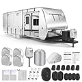 DenForste Oxford RV Cover,24-27 Ft Travel Trailer 420D Oxford Cloth,Tearproof Waterproof Windproof Camper Cover with Tongue Jack Cover,4 Tire Covers,6 Gutter Covers,3 Zippered Doors