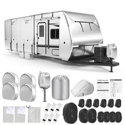 DenForste Oxford RV Cover,24-27 Ft Travel Trailer 420D Oxford Cloth,Tearproof Waterproof Windproof Camper Cover with Tongue Jack Cover,4 Tire Covers,6 Gutter Covers,3 Zippered Doors