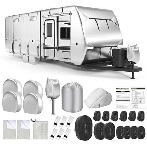 DenForste Oxford RV Cover,20-22 Ft Travel Trailer 420D Oxford Cloth,Tearproof Waterproof Windproof Camper Cover with Tongue Jack Cover,4 Tire Covers,6 Gutter Covers,3 Zippered Doors Cover