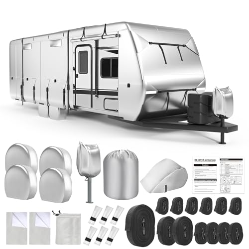 DenForste Oxford RV Cover,24-27 Ft Travel Trailer 420D Oxford Cloth,Tearproof Waterproof Windproof Camper Cover with Tongue Jack Cover,4 Tire Covers,6 Gutter Covers,3 Zippered Doors