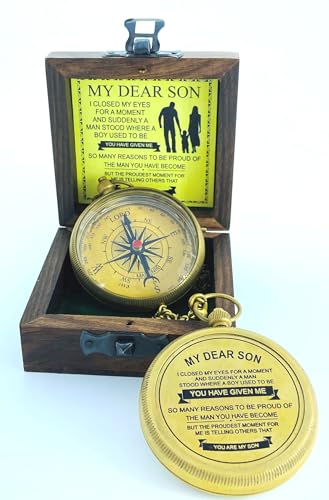 Brújula de latón MADSNIIB con cadena y caja de madera, regalo grabado para graduación "My Dear Son", brújula náutica artesanal, idea vintage para Navidad, Acción de Gracias y Año Nuevo miniatura 3