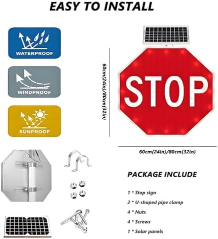 Solar-Powered 32" Reflective LED Stop Sign - Flashing Warning Traffic Signal for Outdoor Streets, Safety Alert, Durable, High Visibility Road Sign