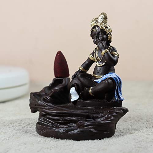 Image of CRAFTAM PolyResin Krishna Smoke Fountain Backflow Waterfall Cone Incense Holder Showpiece Statue with 10 Back Flow Incense Cones (Blue)