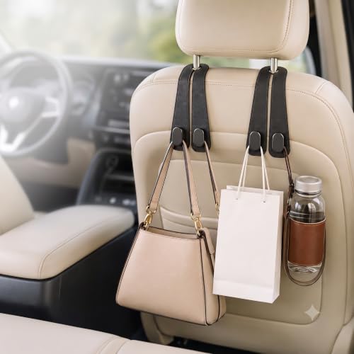 Image of Relevo Car Seat Headrest Hooks with Phone Holder, 2 Pack Leather Back Seat Hangers for Purses, Bags and Handbags, Universal Fit Car Organizer Accessories, Black