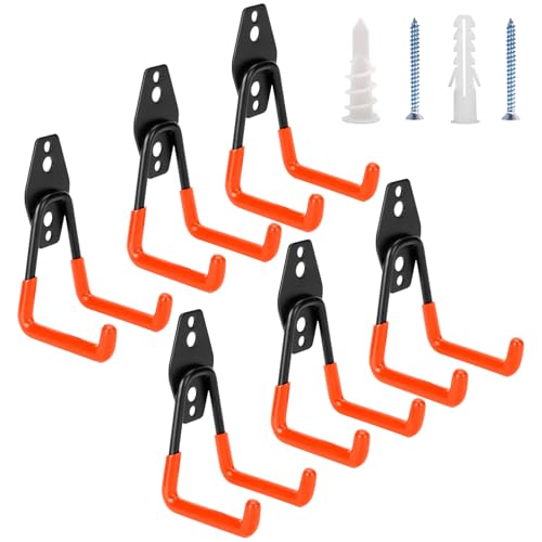 Suprom 6 Pack Garage Hooks Heavy Duty - Supports 100 lbs, Utility Steel Garage Hanger & Organizer for Organizing Garden Lawn Tools, Ladders, Garden Hose, Digging Shovel, Bikes, Ropes (Orange)