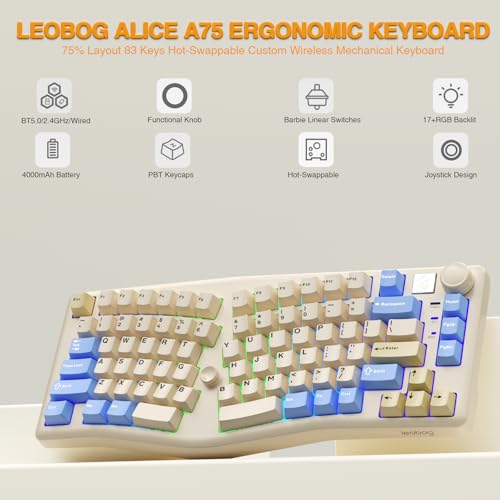 Image of CORBOBO x LEOBOG Alice A75 Ergonomic Keyboard, Wireless Mechanical Gaming Keyboard Tri-Mode BT5.0 /2.4G /Wired with Joystick and Knob, 75% Layout RGB Backlit Hot Swappable Linear Switches for Win