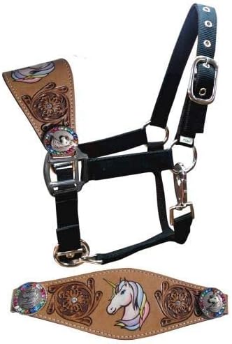 Showman Pony Leather Bronc Halter w/Painted Unicorn & Rainbow Crystal Rhinestone Conchos
