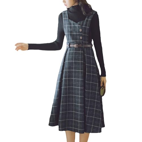 Cuteighteen Ärmelloses, kariertes Kleid mit Gürtel für Damen, Herbst, Winter, Wolle, elegant, Midi-Overall, Schürze, Marineblau, Groß