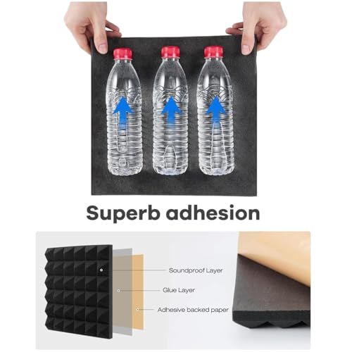 Image of URBAN-X Pyramid Acoustic Foam Panels 12 inch X 12 inch X 2 inch, 38 Kg /m High Density Soundproofing Studio Foam & Echo Reduction, Sound Absorption, (Charcoal Black With Self Adhesive, Set of 12)