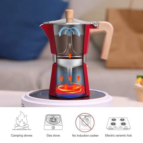 Sivaphe Moka Pot 3 Espresso Cups Aluminum, Percolator Espresso and Coffee Maker, Portable Stovetop Italian and Cuban Cafe Brewer for Home and Camping Red by Sivaphe - Image 4