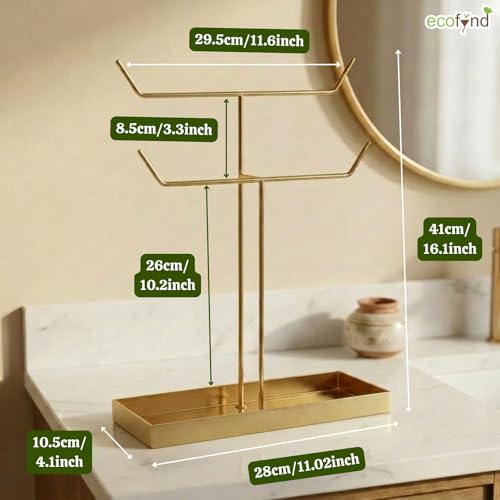 Image of ecofynd 2-Tier Metal Jewelry Organizer Stand with 2 Hangers, 16-Inch Holder for Earrings, Necklaces, Bracelets & Rings, Space-Saving Display for Vanity, Dressing Table & Home (Gold, JS010)