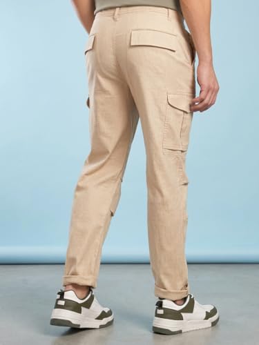 Image of Vogaan Men Cotton Linen Blend Cargo Pants | Mid Rise Regular Fit Casual Trousers | Multi Pocket Utility Bottom Wear | Comfortable Breathable Fabric Travel Outdoor Styling