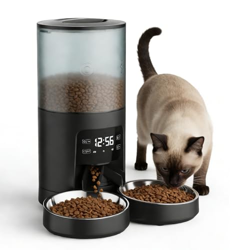 NEWBULIG Automatic Cat Feeder for 2 Cats, 6L Timed Pet Feeders with 10s Voice Recorder, Dog Food Dispenser, Dry Food, 6 Meals, Programmable 50 Portions, Dual Power Supply
