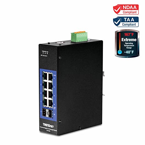 Image of TRENDnet 10-Port Industrial Gigabit L2 Managed DIN-Rail Switch, TI-G102i, 8 X Gigabit, 2 X SFP Slots, DIN-Rail Mount, IP30, Ethernet Splitter, NDAA & TAA Compliant, Lifetime Protection, Black