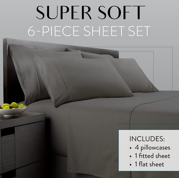 Danjor Linens Bed Sheet Set King Size for Hot Sleepers, Hotel Premium Sheets with 4 Pillowcases, Lightweight Brushed Microfiber Deep Pockets, Breathable Cooling 6 Piece Bedding Sets, Gray by Danjor Linens - Used condition - Image 2
