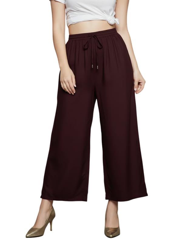 Image of Super Soft Viscose Rayon Flared Palazzo Pants for Women Stylish Wide Leg Straight Relaxed Fit Casual Ethnic Office Wear